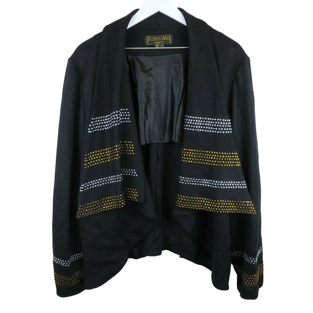 Donna Vinci Black Wool Blend Jeweled Drape Cardigan - Women's Size 22